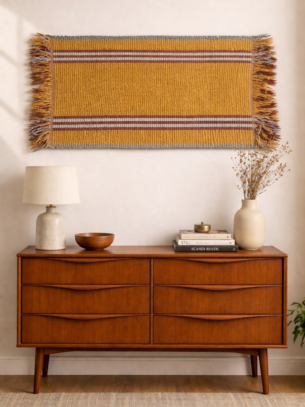 Vintage fiber Handwoven yellow and orange rug with heavy fringe EUC